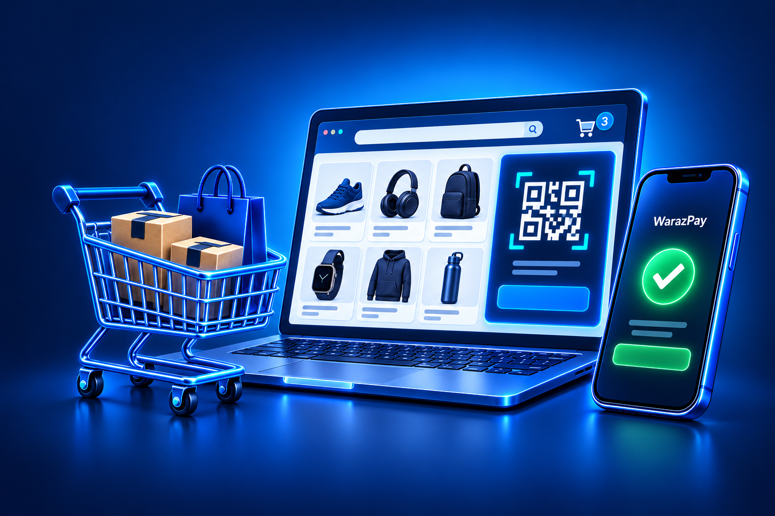 Tienda online con un carrito, un cobro QR y una confirmación de pago en el celular